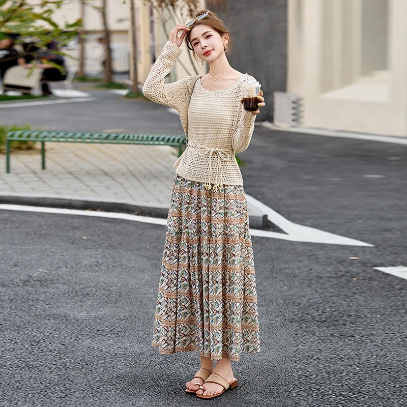 2025夏季新款复古碎花长裙半身裙针织镂空上衣波西米亚风两件套女