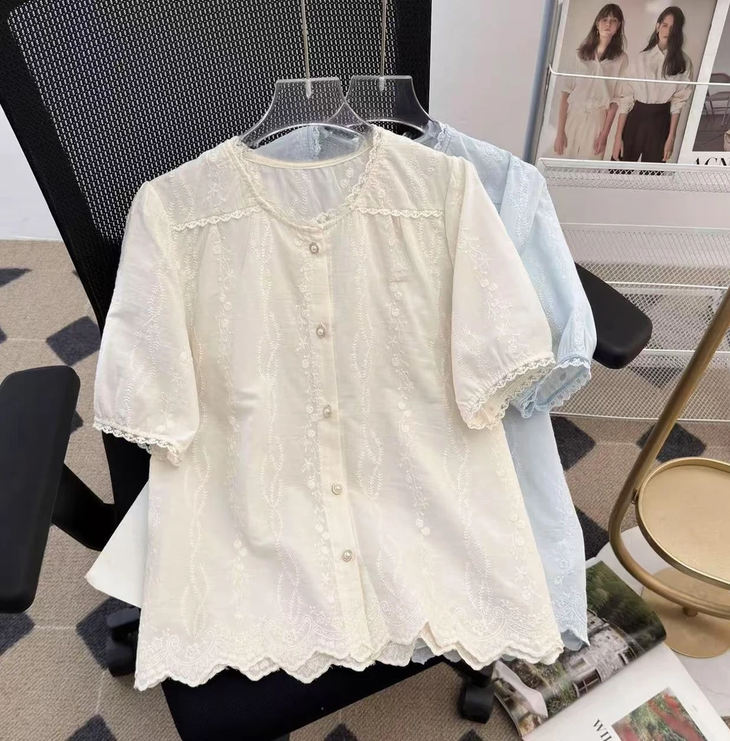 【运费全额补贴】2025薄款短款短袖夏季衬衫镂空衬衣小衫蕾丝小众