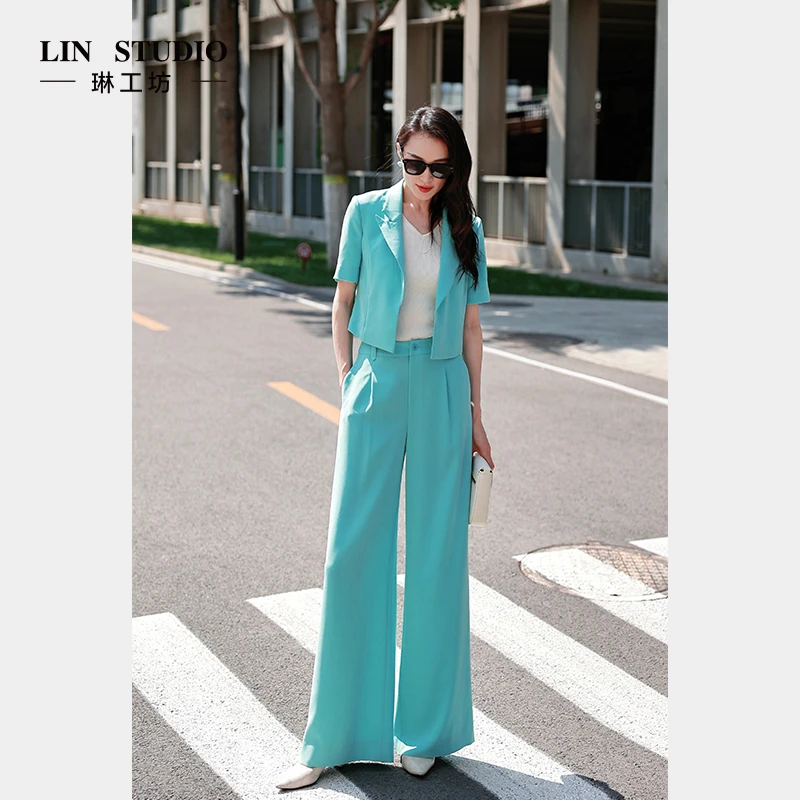 【裤子 醋酸】琳工坊“青秋”绿色阔腿裤气质通勤时尚休闲唐琳设计师