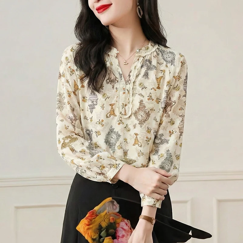 100桑蚕丝衬衫新品时尚印花长袖设计感真丝上衣女6610