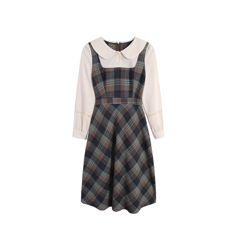 格子假两件时尚法式气质连衣裙拼接背带裙子长袖长裙ZL54980