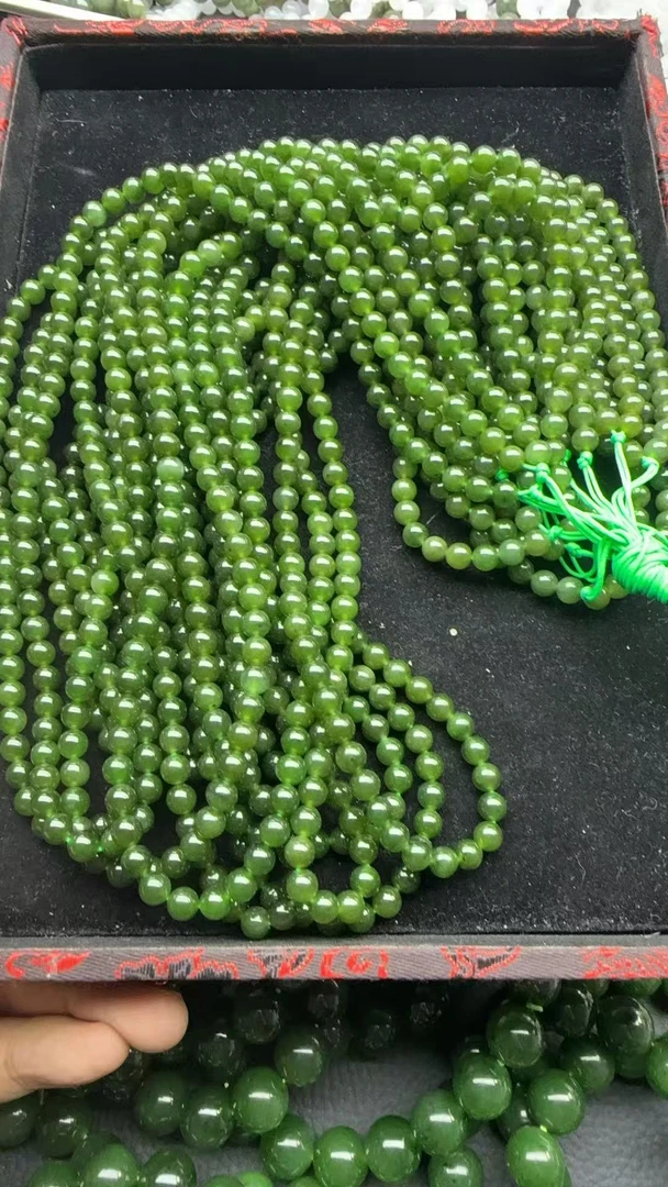 和田玉俄罗斯碧玉菠菜绿108卡6毛衣链