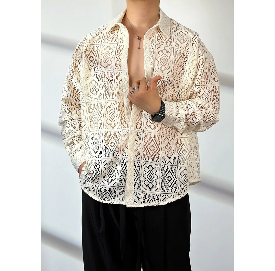 【花椿】高定镂空夏季男士薄款长袖衬衫小众宽松休闲潮流百搭C133