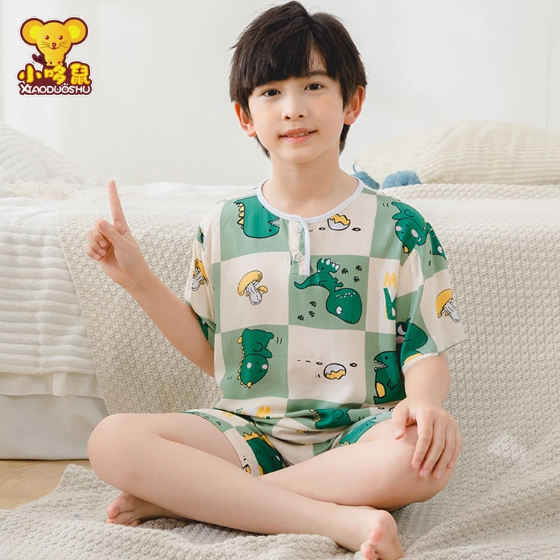 儿童棉绸睡衣套装夏季男童薄款宝宝短袖短裤小孩学生家居服空调服