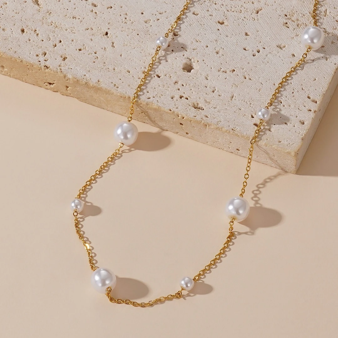 钛钢亚克力项链 时尚小清新锁骨链可调节钛钢珍珠项链女仿素链