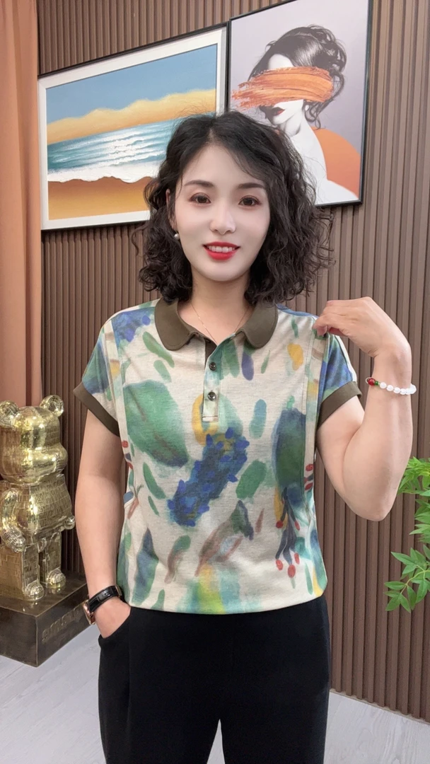 夏季新款翻领印花宽松休闲百搭减龄妈妈装短袖上衣