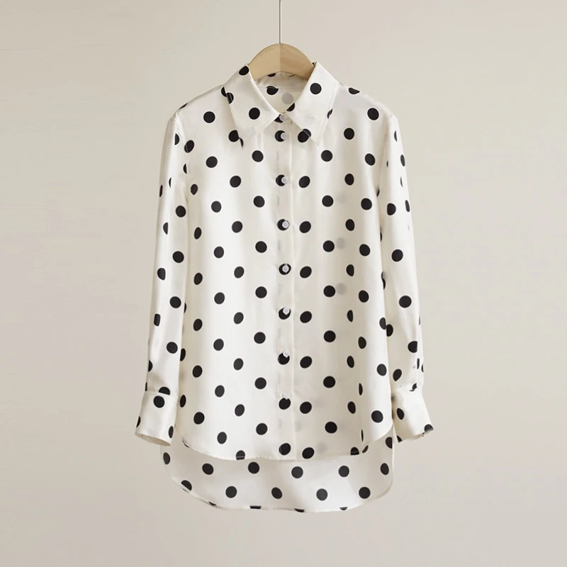 法国订单100%桑蚕丝白底波点女士衬衫（250726）