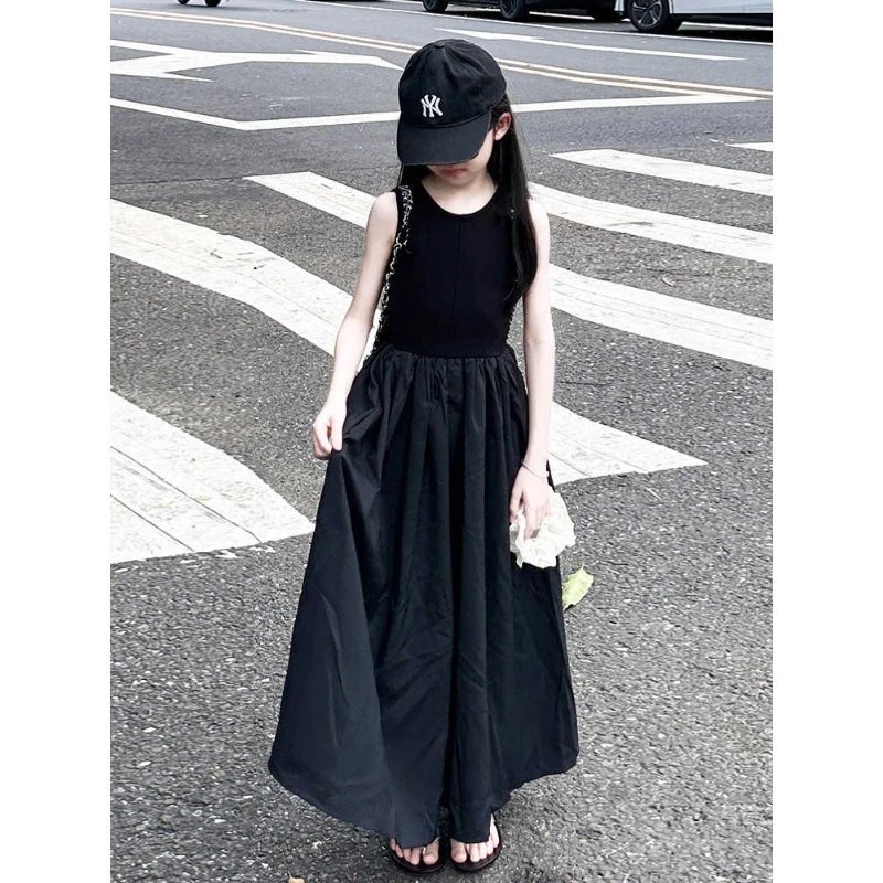 女童连衣裙夏季新款中大童法式无袖小黑裙赫本风背心公主裙