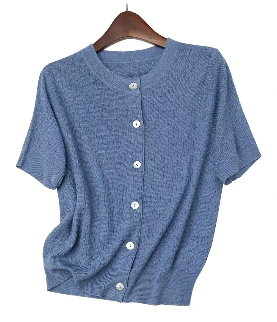 Phoebe/菲比 【法式浪漫】错落移针单排扣圆领短袖真丝羊绒开衫