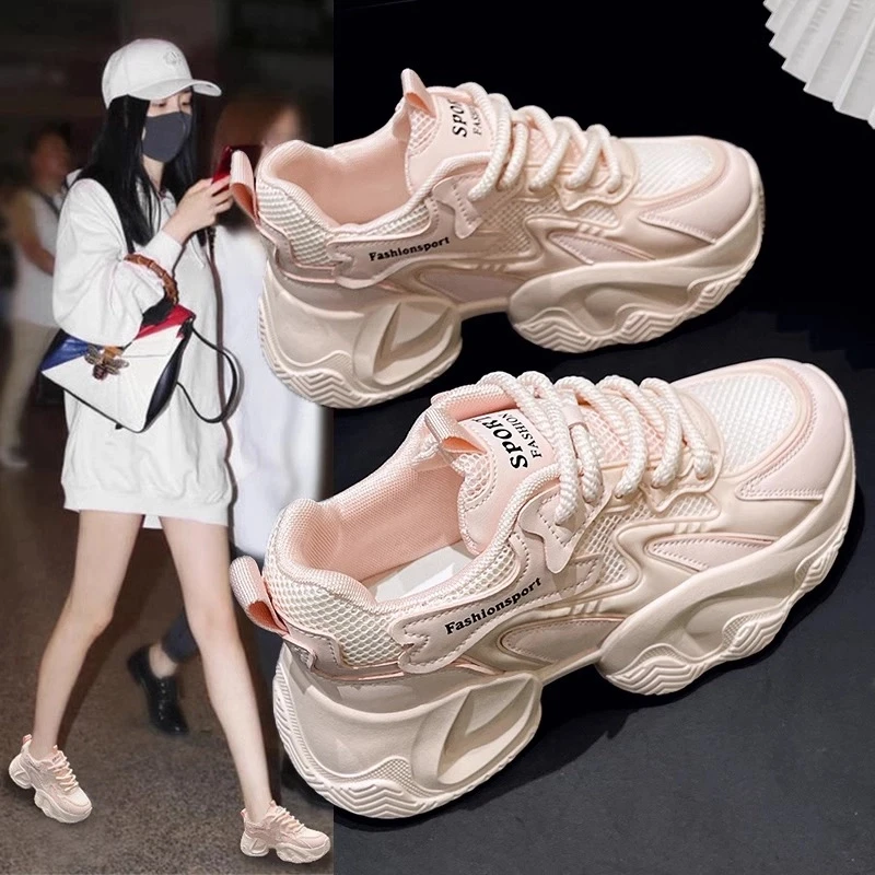 啄木鸟2025厚底老爹鞋女新款秋季网面透气增高女鞋运动百搭小白鞋