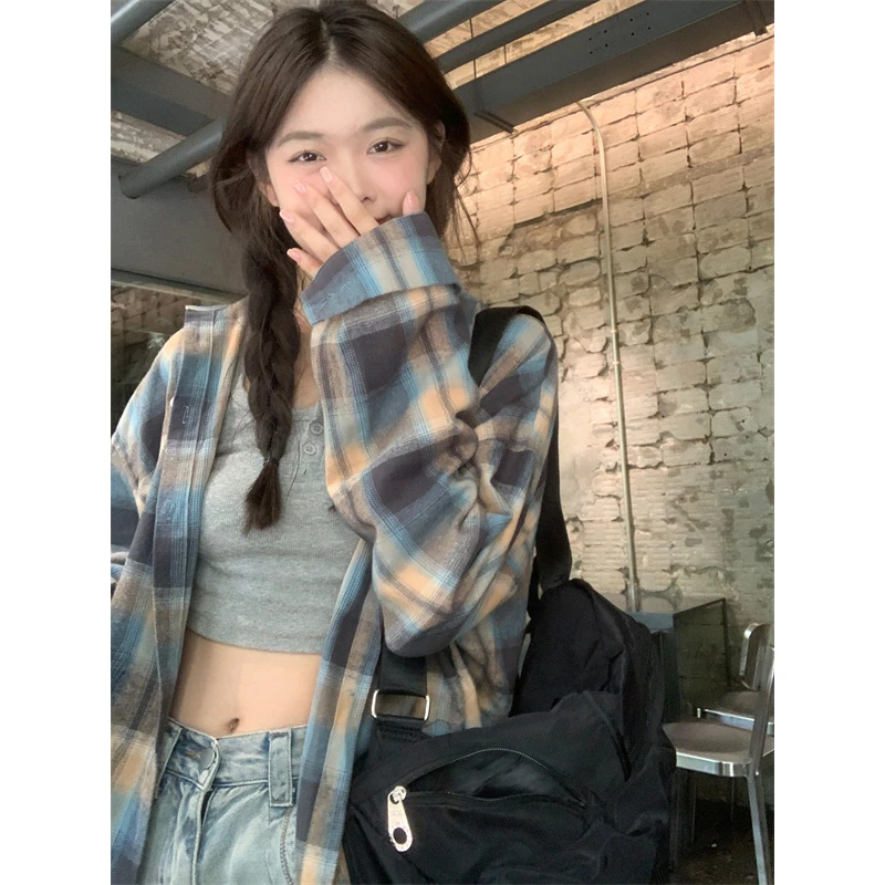 小众设计风高级感上衣秋季复古撞色格子衬衫衬衣慵懒风韩版设计感