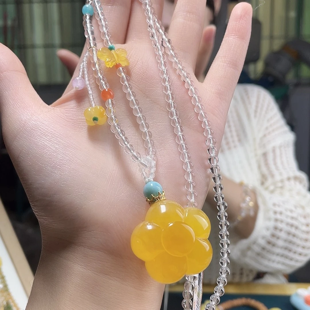 蜜蜡银S925镶嵌裸石花吊坠