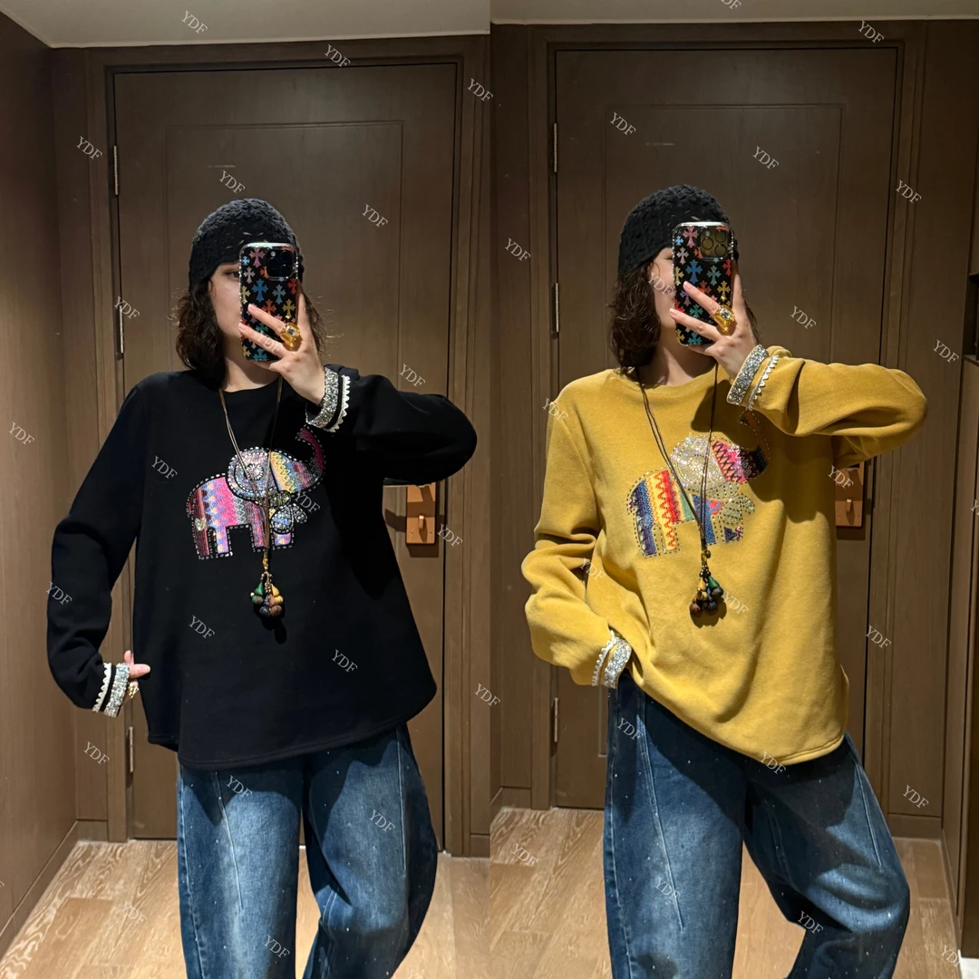 YDFSTUDIO小众【松弛小象】欧货高品卡通刺绣烫钻拼接设计时尚卫衣