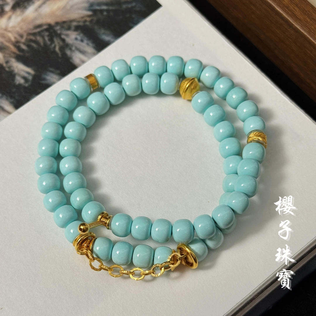 樱子 | 四季 18K原矿高瓷丫角山绿松老型时尚双圈手串*YZLSS3127