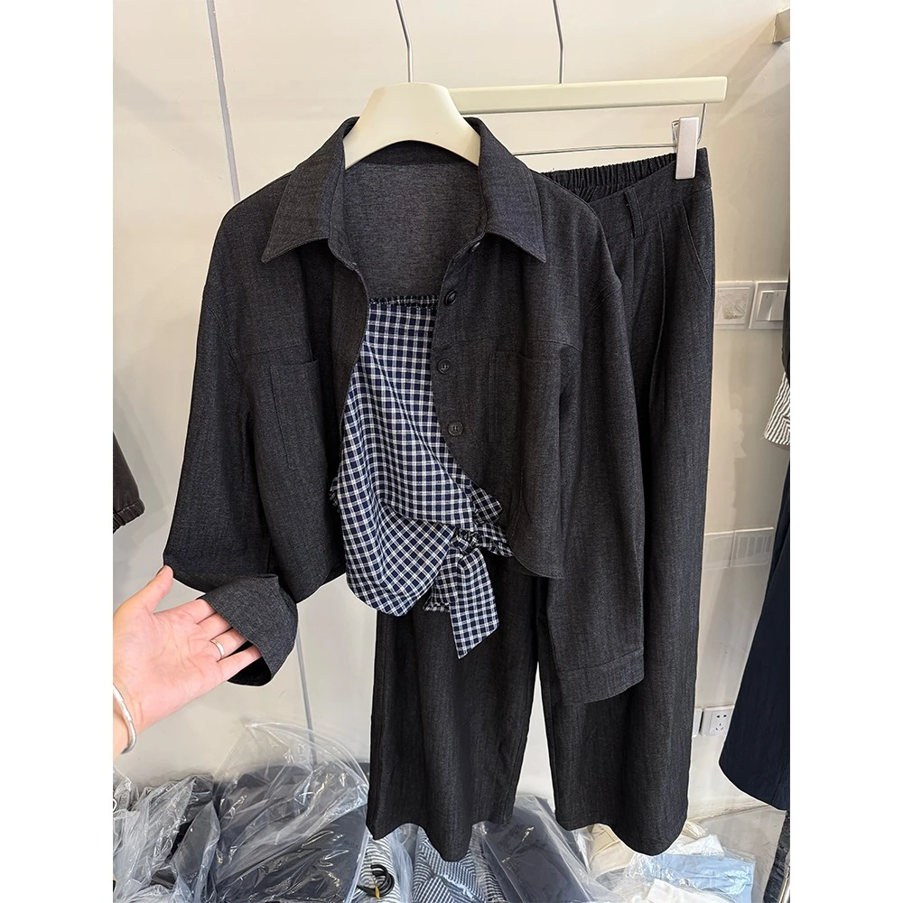 2025早秋新款法式设计感小众外套格子吊带 高腰显瘦阔腿裤三件套