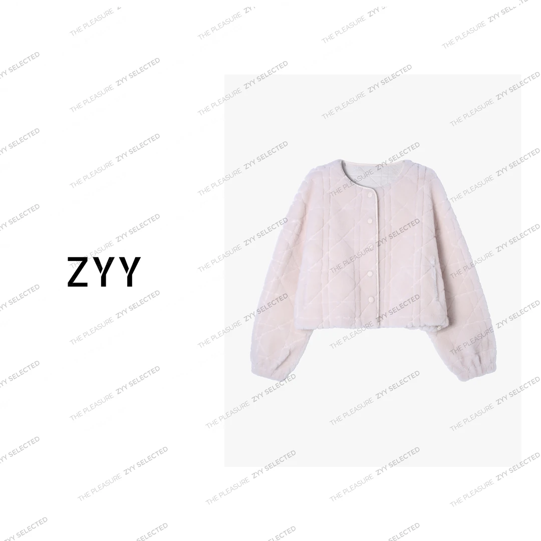 ZYY【暖冬白茶】2025/S新品100羊毛菱形格纹皮毛一体女X25DDWT04607