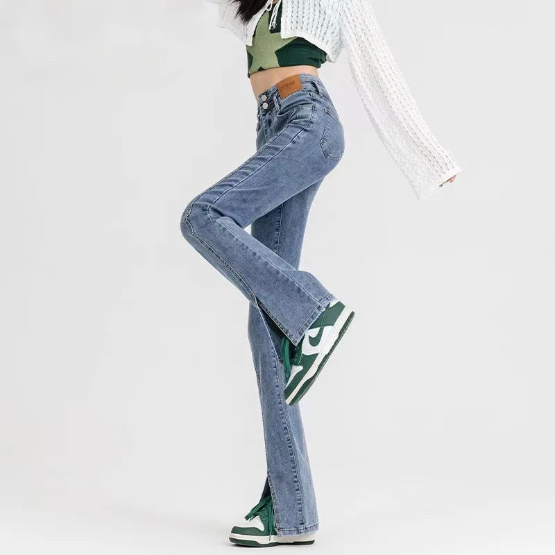 006女士高腰显瘦微喇开叉修身拖地喇叭牛仔裤春秋款