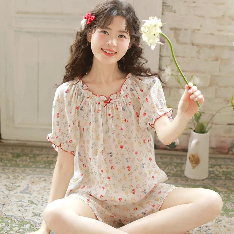 『眠岛』夏季短袖短裤睡衣女甜美小清新纯棉纱布可外穿家居服套装