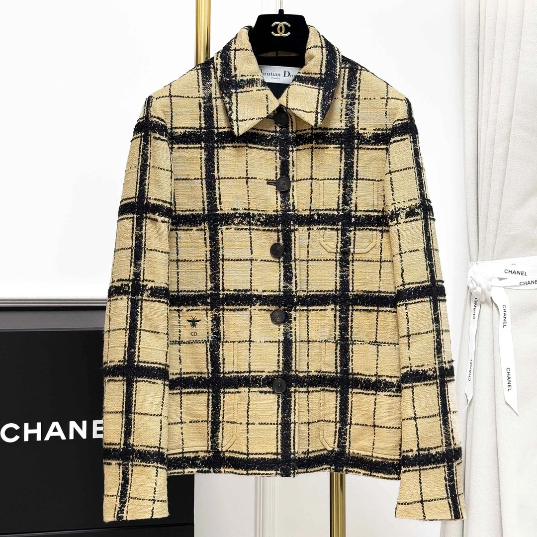 99新 DIOR/迪奥 F40码卡其色拼黑色格纹翻领长袖外套
