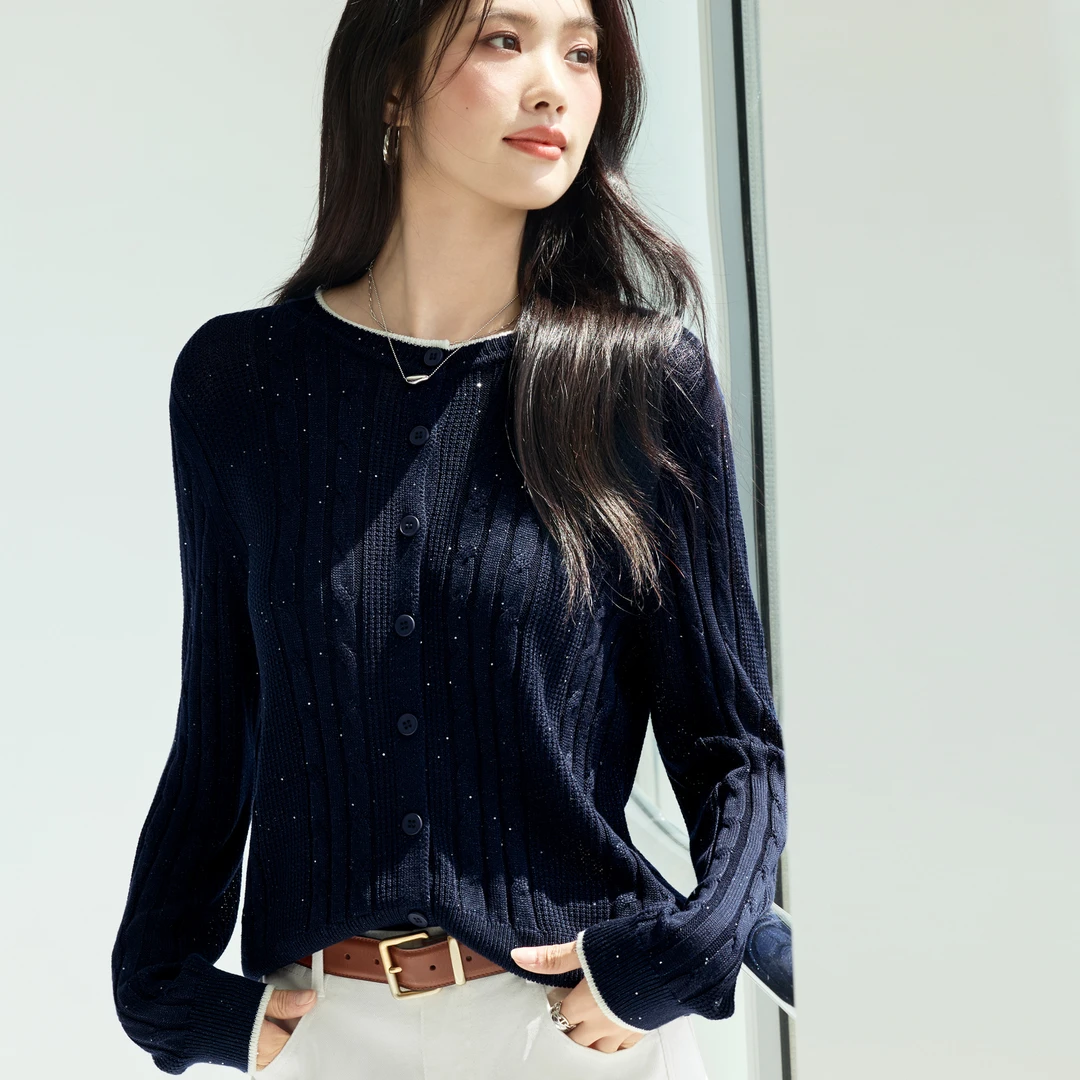 伊芙丽圆领亮丝绞花撞色针织衫休闲百搭女2025秋新款1G8931681