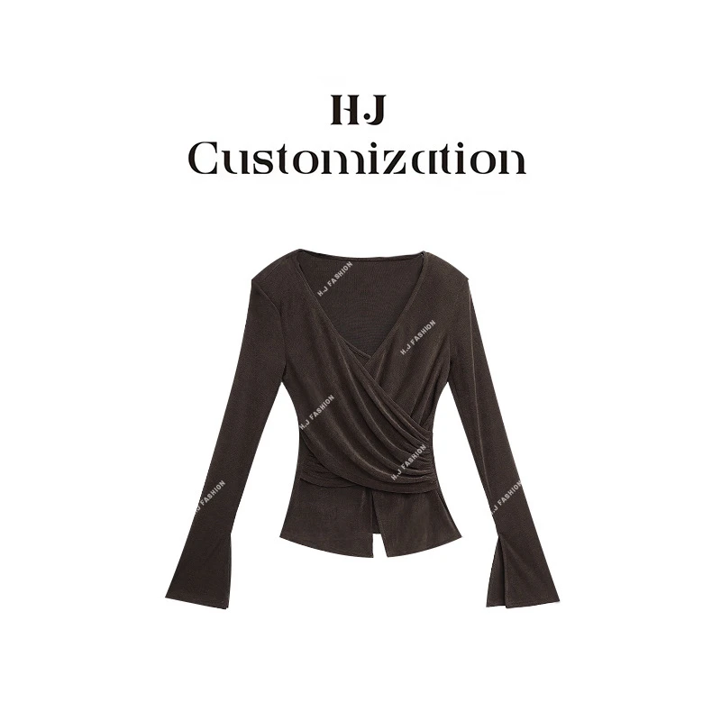 【 H·J 】“柔情似水”高级感交叉V领褶皱纸片人长袖针织小衫3310