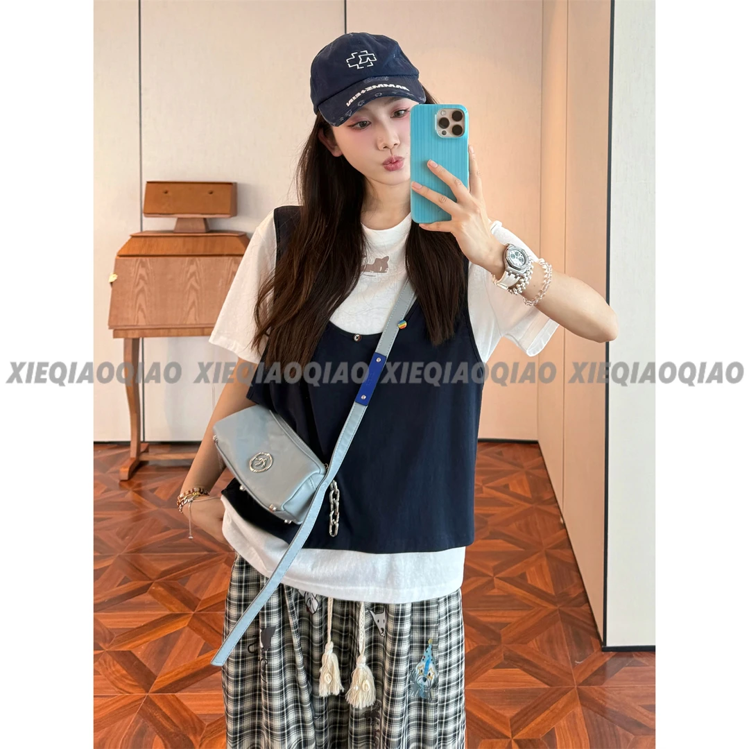 谢荞荞「若隐kitty」夏季新款镂空网纱拼接马甲假两件百搭T恤上衣