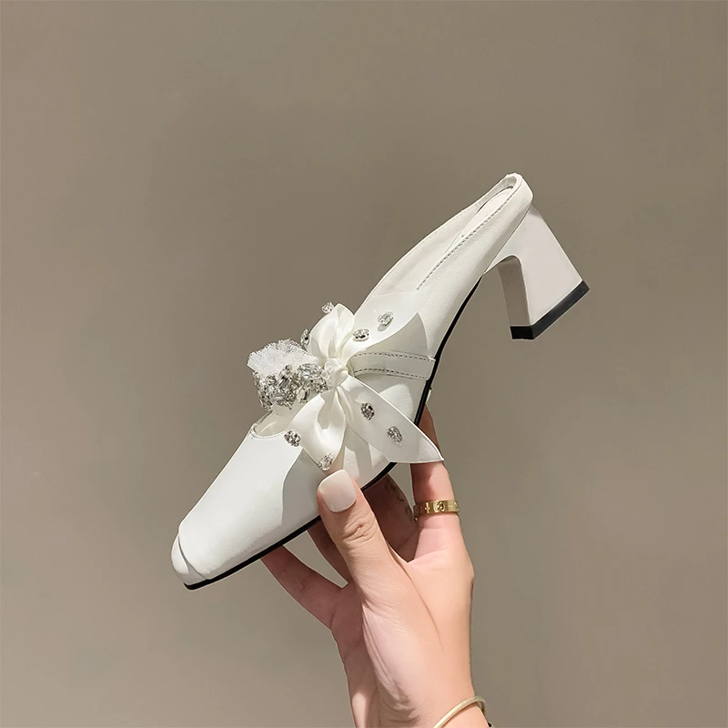 5.5cm蝴蝶结仙女风高跟包头拖鞋女百搭时尚一字带粗跟春夏外穿