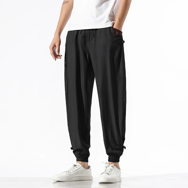 冰丝九分裤男夏季薄款复古中国风唐装盘扣哈伦裤宽松百搭休闲裤潮