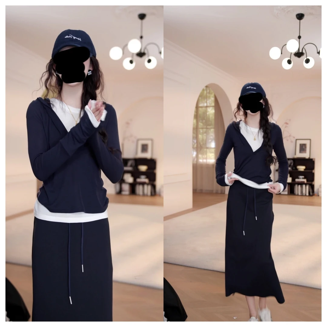 夏季新款时尚洋气百搭套头假两件帽衫长袖T恤