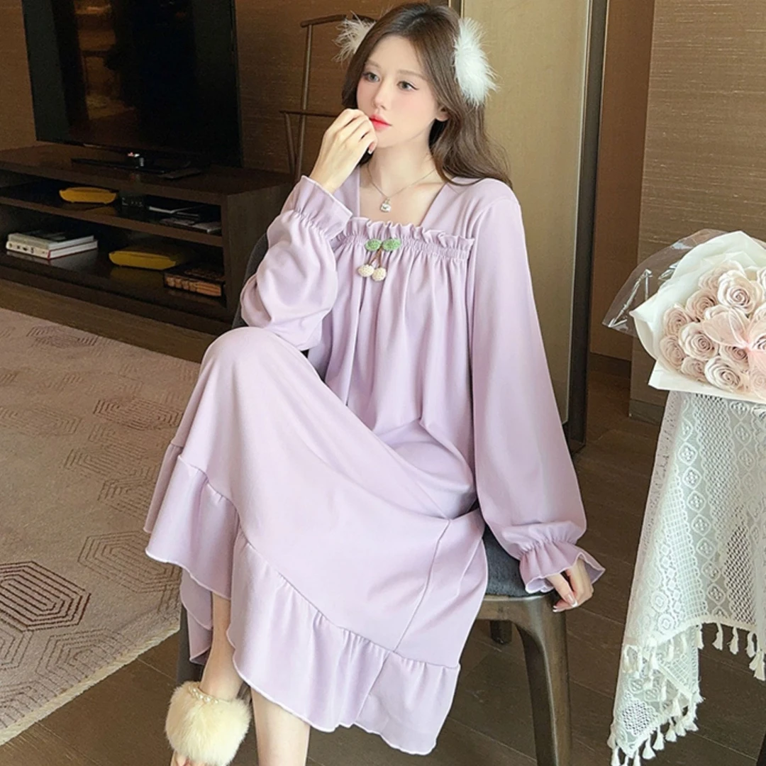 德绒睡衣女春秋季甜美公主风长袖中长睡裙大码220斤胖M家居服外穿