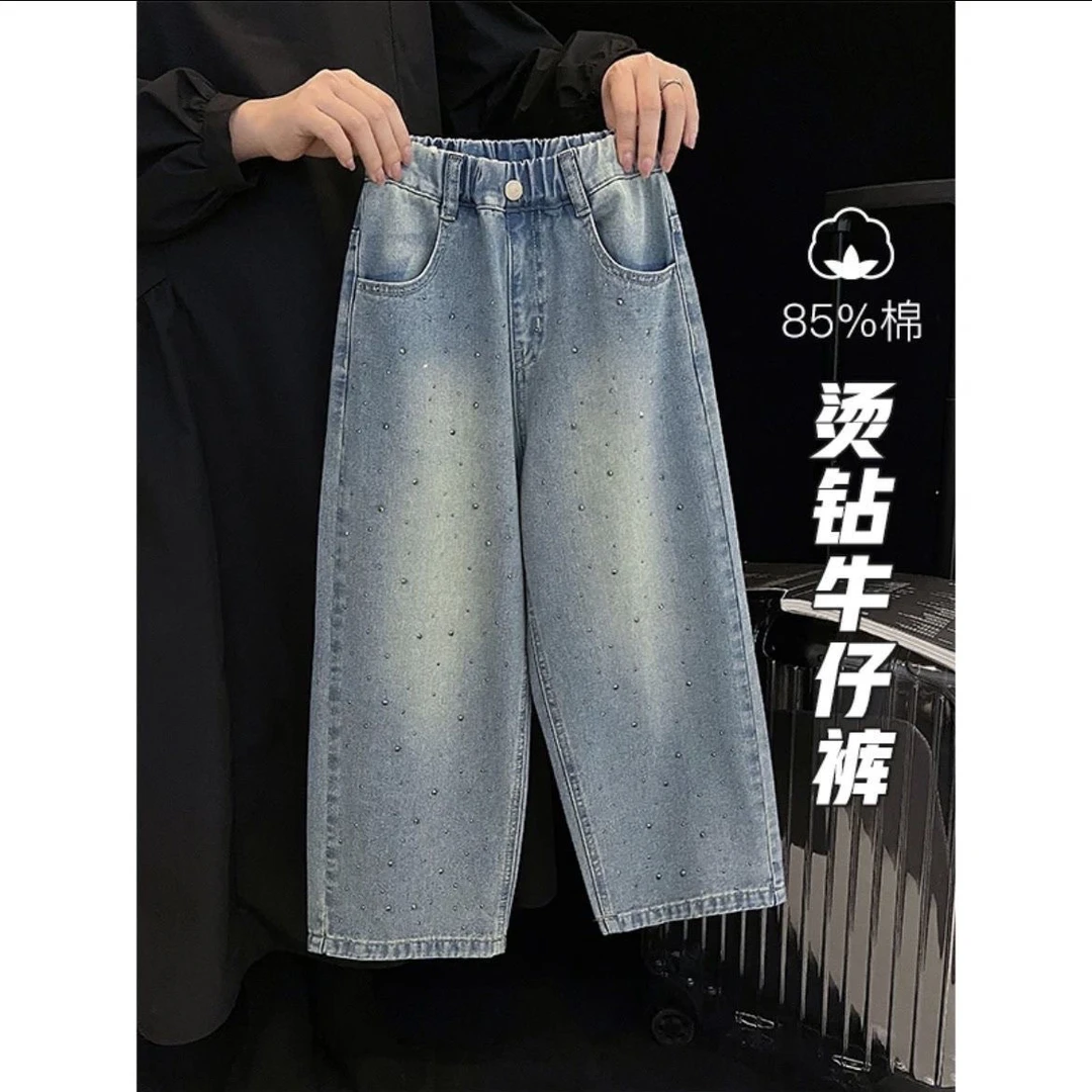 女童牛仔裤2025春秋新款女童烫钻牛仔裤 时髦洋气百搭烫钻牛仔裤