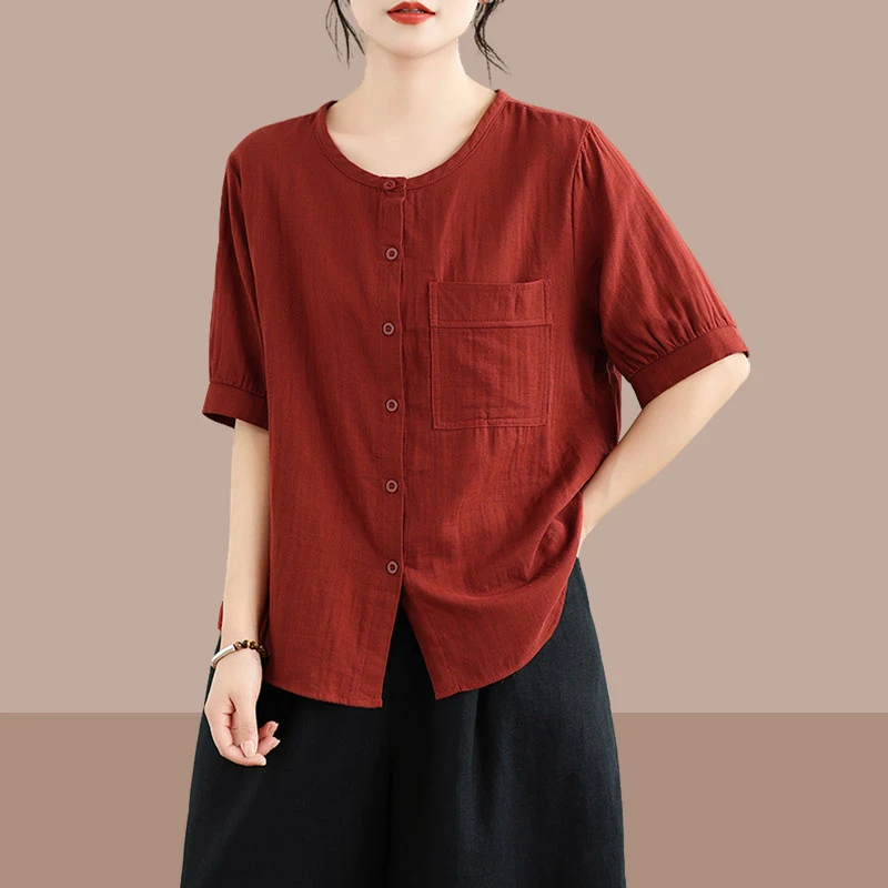 夏季时尚新款复古圆领纽扣纯色T恤衫文艺休闲口袋上衣短袖衬衫女