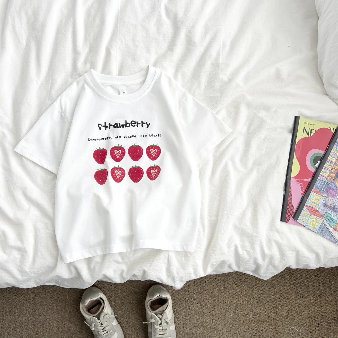 （现货）女童夏季休闲印花短袖t恤薄款白色上衣女宝半袖KKYXW55202