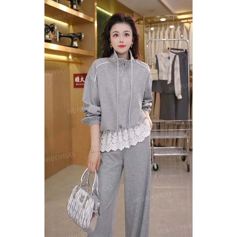 蕾丝拼接灰色卫衣2025气质女生卫衣休闲运动时尚两件套套装