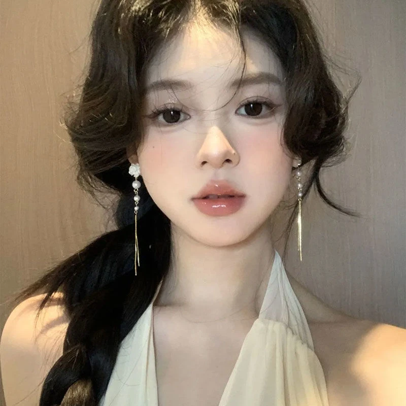 山茶少女~超仙白色山茶花朵流苏耳环长款显脸小耳饰森系时尚百搭