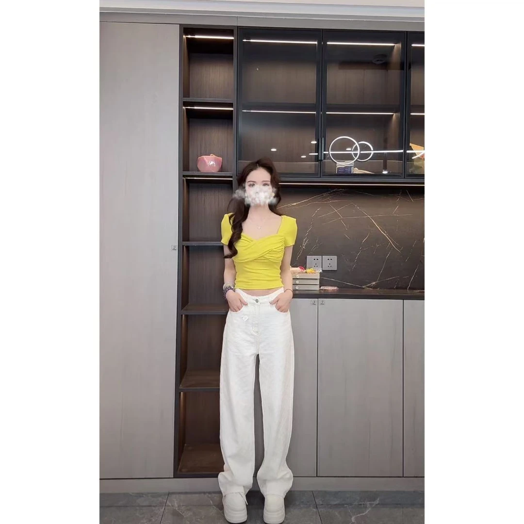 曼曼【皱感裤~】肌理感提花牛仔质阔直筒腿裤