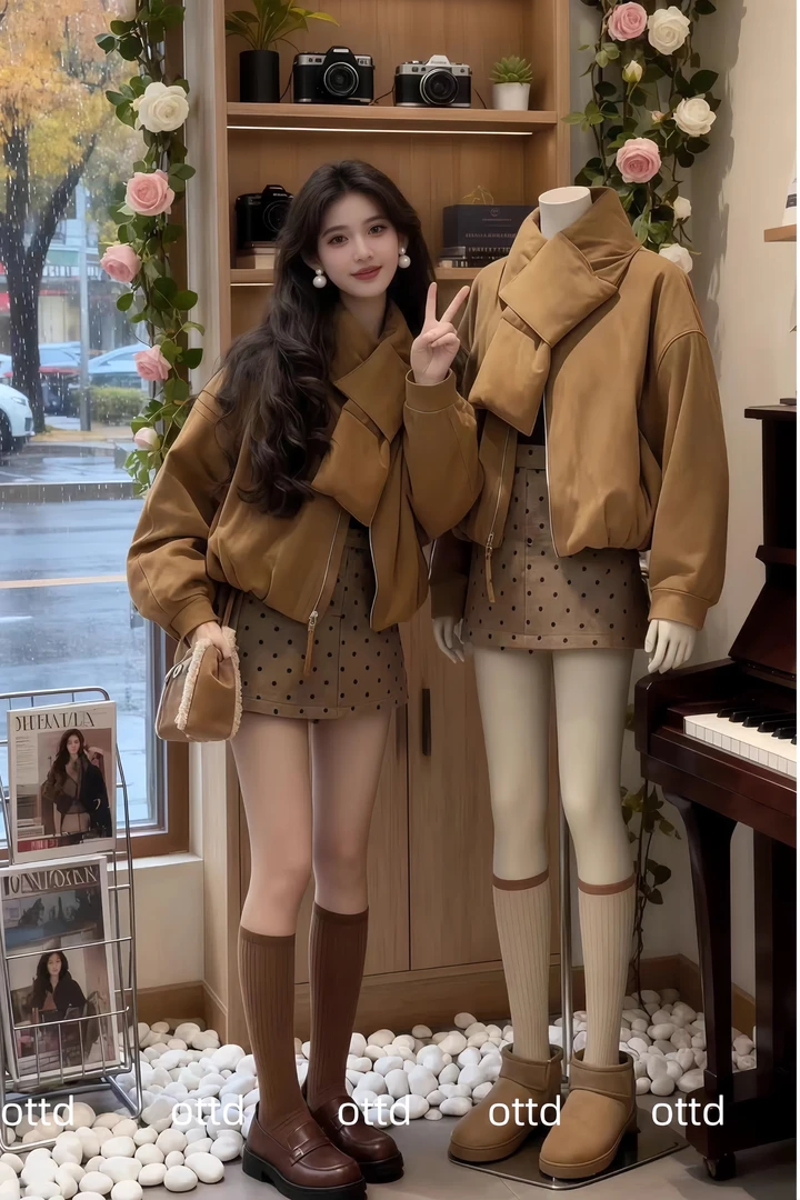 女装秋款爆款2025新款拉链围脖宽松加厚棉服外套波点半身裙两件套