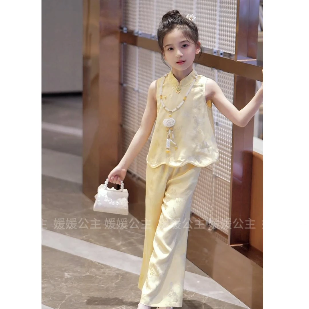 女童套装夏季2025新款儿童中国风两件套中大童小女孩洋气背心裤子