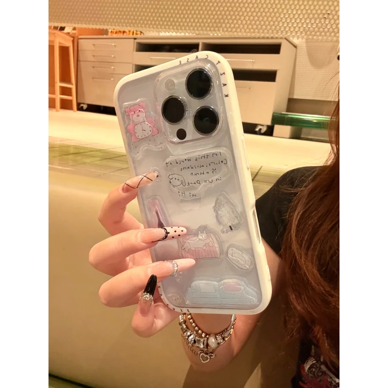 Ins风卡通DIY贴纸日韩彩边壳适用苹果16/15/14/13全包防摔手机壳