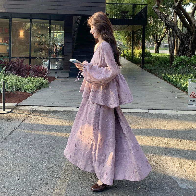 粉紫色立体蝴蝶针织灯笼袖上衣半身裙套装女2025春新款显瘦两件套
