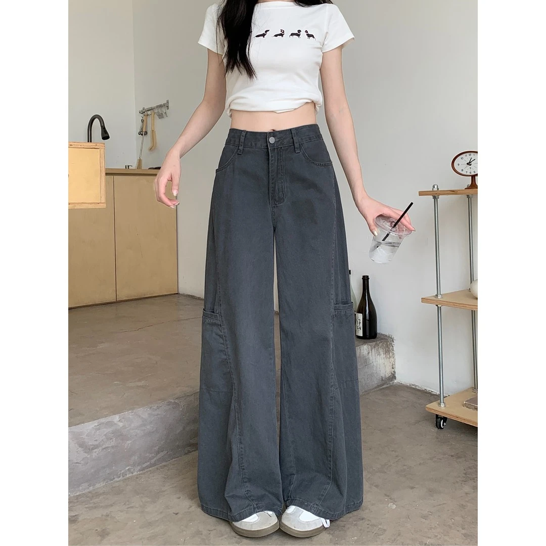 大码女装夏季薄款宽松灰色直筒裤梨形身材复古显瘦百搭阔腿工装裤