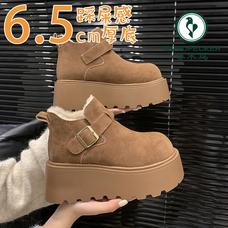啄木鸟超厚底增高加绒勃肯鞋女鞋2025新款冬毛毛棉鞋小土豆雪地靴
