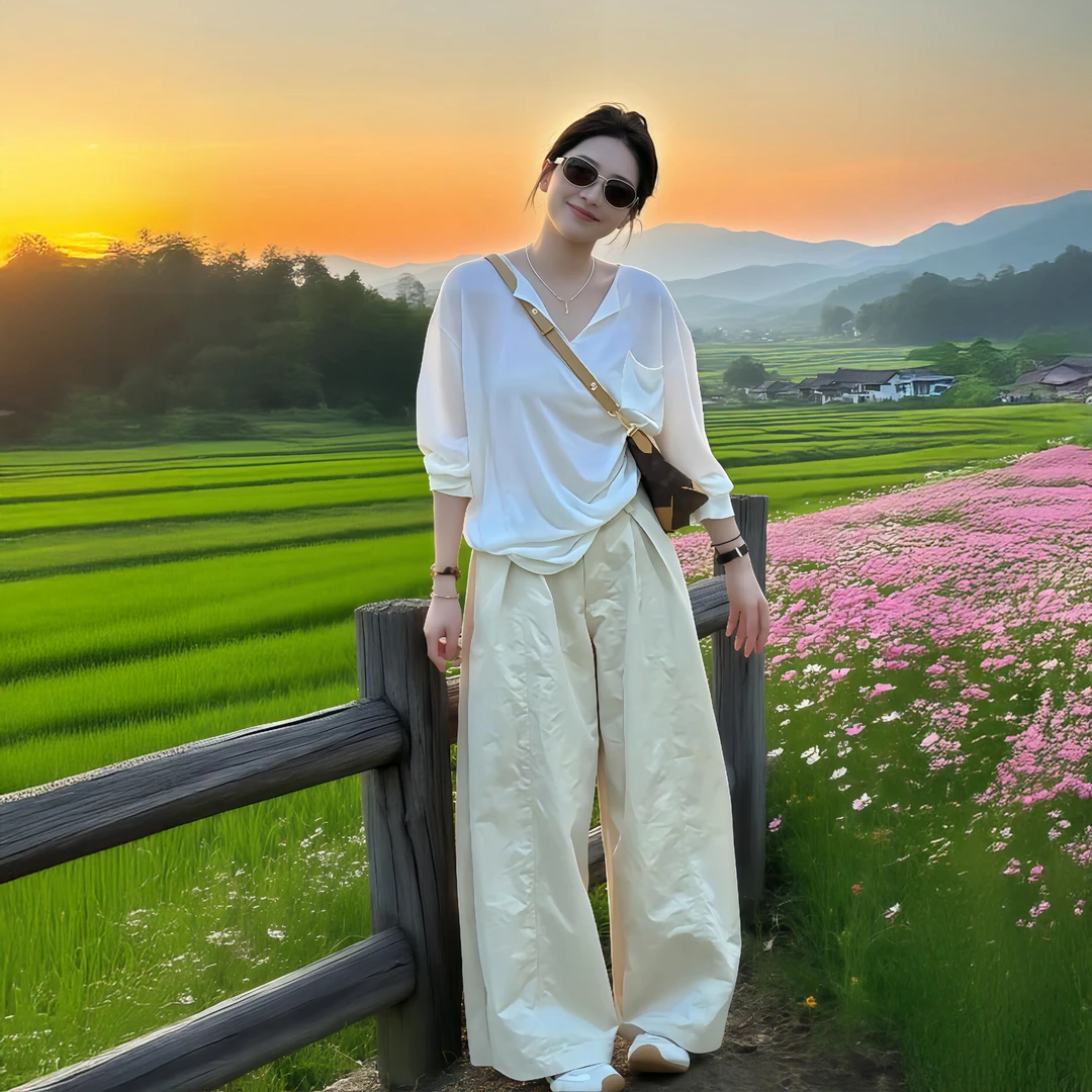 早秋穿搭一整套韩系松弛感长袖T恤上衣休闲阔腿裤慵懒简约套装女