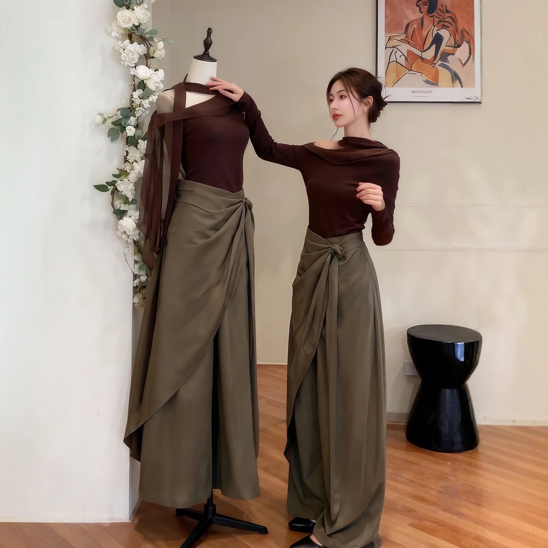 早秋搭配一整套大码胖mm飘带斜肩上衣阔腿裤裙韩系减龄漂亮套装女