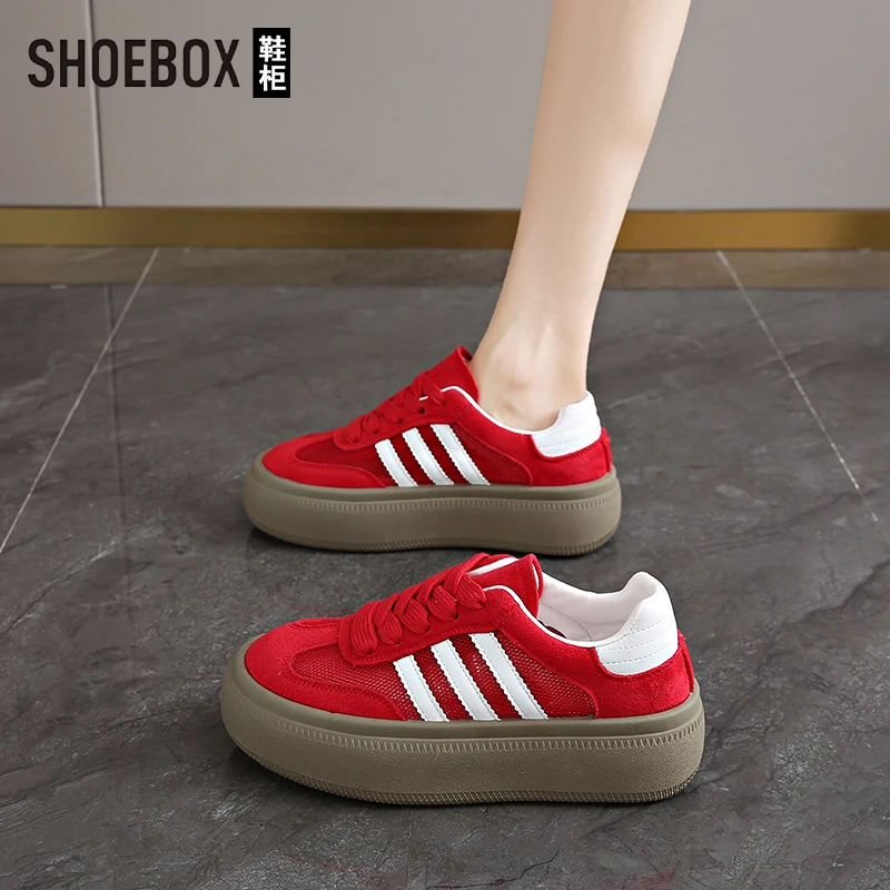 SHOEBOX鞋柜红色德训鞋女款2025新款夏季网面透气厚底休闲板鞋