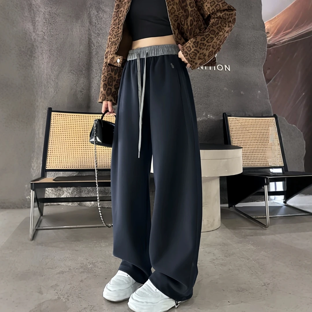 美式刺绣撞色弯刀阔腿裤女秋冬2025新款高腰宽松显瘦直筒休闲卫裤