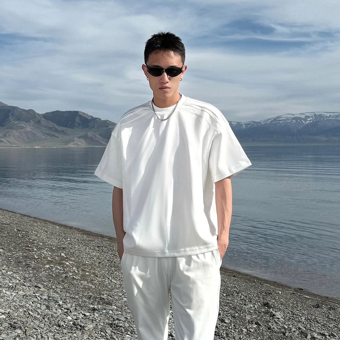 DGWTING高级感灰色正肩短袖男夏季美式硬汉简约纯色设计感重磅T恤