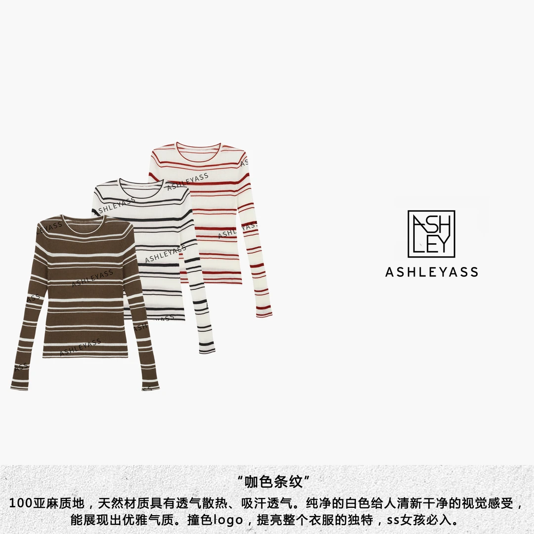 ashleyass条纹3色气质显瘦修身时尚休闲圆领长袖上衣LSS241169S
