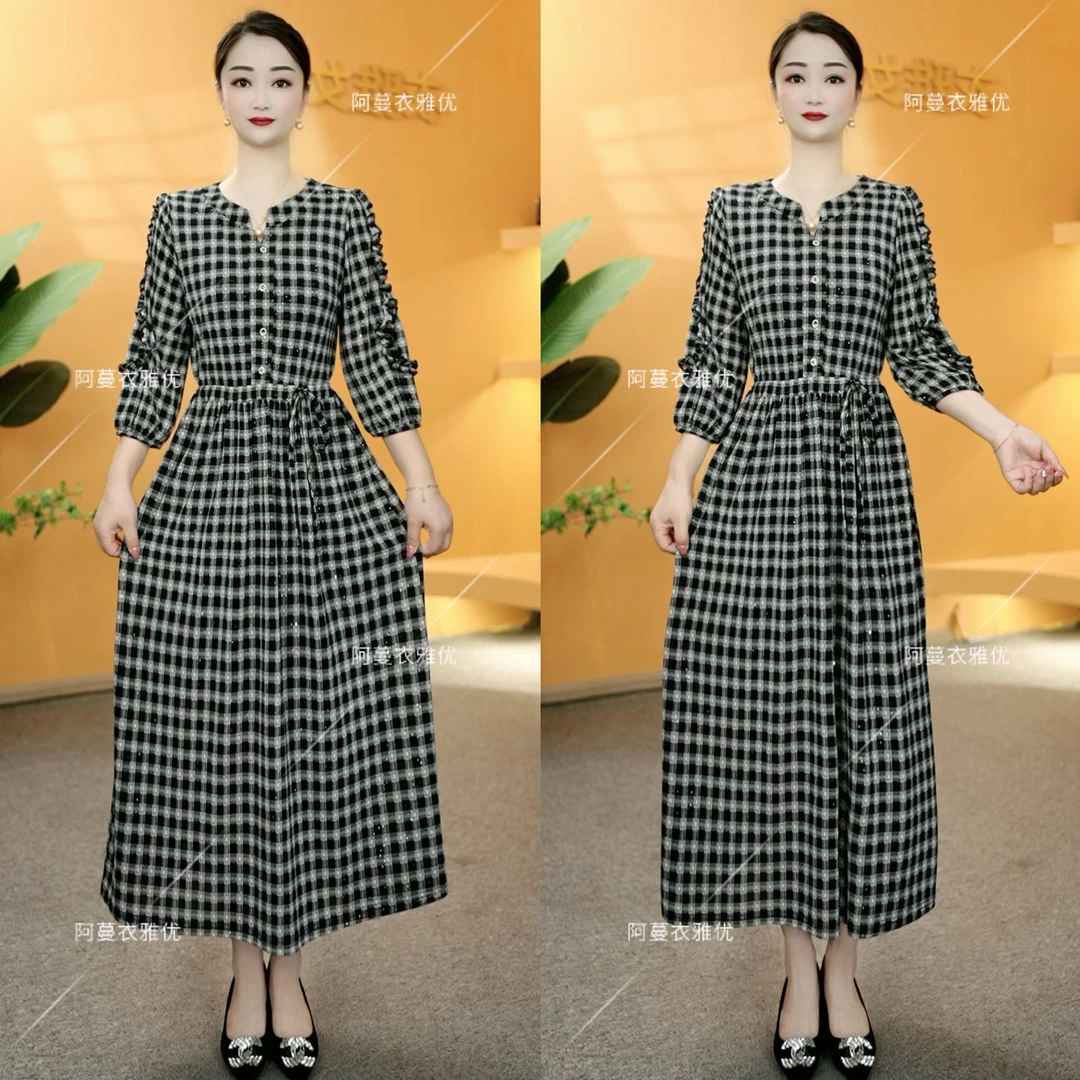 【衣雅严选】8121-2109#新款气质弹力缎满天星花边袖中长袖连衣裙