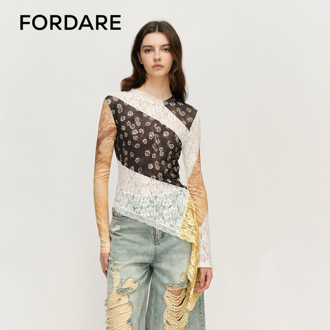 FORDARE福蝶 25春季新品 斑斓黄色腰花蕾丝拼接打底衫复古3355